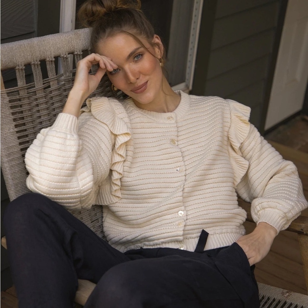 Cleobella Maelle Cardigan Ivory Organic Cotton Button-Down Sweater Size L New